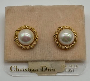 Vintage Christian Dior Ohrringe mit Kunstperlen goldfarben unsigniert auf Karte - Bild 1 von 14