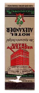 c1940s Hotel Alexander Downtown Hagerstown Maryland MD Vintage Matchbook Cover - Bild 1 von 3