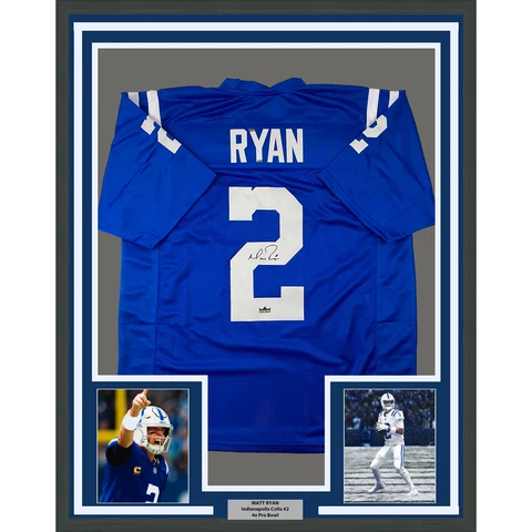 Framed Facsimile Autographed Matt Ryan 33x42 Blue Reprint Laser Auto Jersey Cover