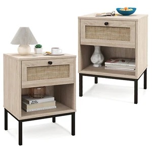 2PCS Rattan Nightstand Boho End Table w/ Drawer & Open Shelf for Living Room Oak - Picture 1 of 11