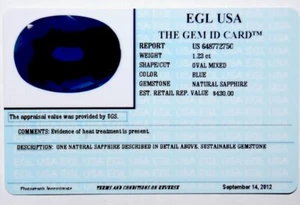 EGL USA TESTED NATURAL SAPPHIRE 1.23 CT OVAL CUT GEM ID APPRAISED $430.00 - Picture 1 of 4