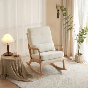 Indoor Rocking Chair Armchairs High Back Solid Wood Frame Backrest Teddy Fleece - Picture 1 of 12