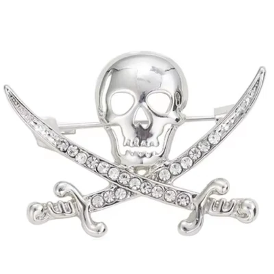 Halloween Silver Pirate Skull Brooch Pin Gothic Crossed Swords Costume Jewelry G - Image 1 of 4