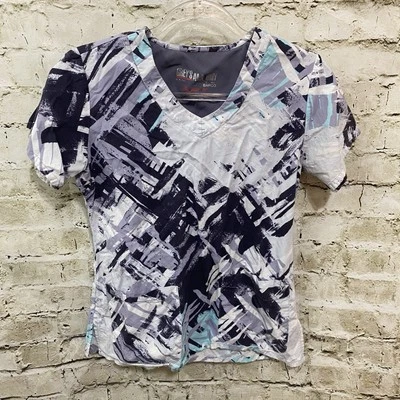 Blusa Médica Estampada Greys Anatomy Mujer Pequeña Gris Azul Abstracto Cuello en V BB19 Foto 1 de 4