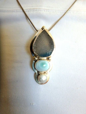Colgante Drusy Cuarzo, Larimar y Perla 925 Esterlina Firmado Foto 1 de 4