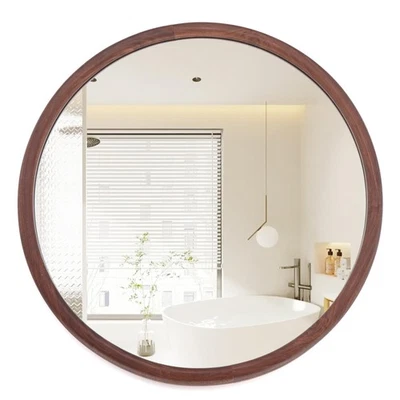 Round Wall Mounted Mirror Decorative Bathroom Walnut Wood Grain Rustic Framed... - Image 1 of 4
