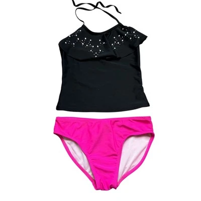 Conjunto de natación de pantalones de bikini rosa intenso halter con volantes estrás negro M 7-8 para niñas Foto 1 de 3