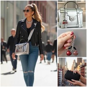 3-teiliges Set - Michael Kors Manhattan Silber Umhängetasche/Taschenanhänger/Handgelenktasche  - Bild 1 von 18