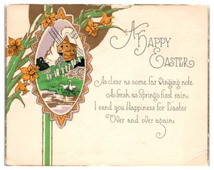 Biglietto Buona Pasqua anni '30 Mulino a Vento Casa Anatre Stagno Picchetto Recinzione WW - Foto 1 di 2