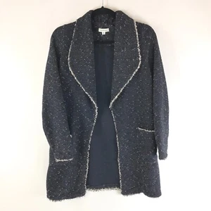 Max Studio Womens Jacket Open Front Pockets Tweed Fringe Marled Black Size S - Picture 1 of 4