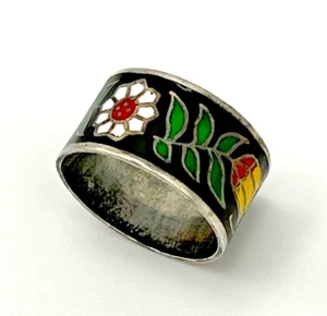 Cloisonne Enamel Siam 925 Sterling Silver Cigar Band Ring Floral Size 6 Thailand - Picture 1 of 6