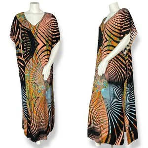 Kaftan Dress Trippy Print Graphic Maxi Women Lounge Beach V-Neck Handmade Caftan - Picture 1 of 12