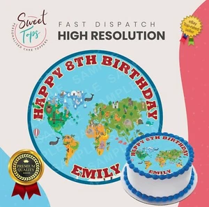 EDUCATIONAL MAP ROUND EDIBLE BIRTHDAY CAKE TOPPER DECORATION PERSONALISED - Picture 1 of 1