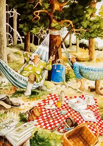 Postal Dos Viejas Damas Tías Hamaca Jardín Picnic Viaje Divertido Inge Look Finlandia - Imagen 1 de 1