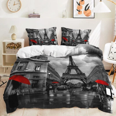 Streets Of Paris Eiffel Tower Duvet Quilt Cover Love Bedding Queen Pillowcase - Photo 1/4