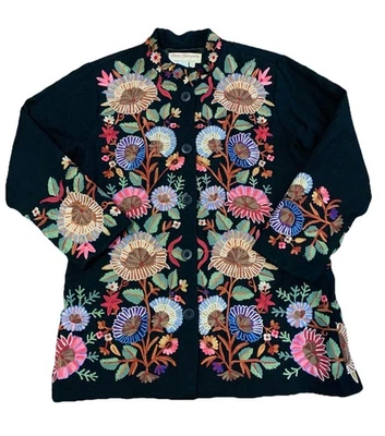 Chaqueta Norm Thompson Saks Fifth negra bordada 100 % lana para mujer mediana floral Foto 1 de 4