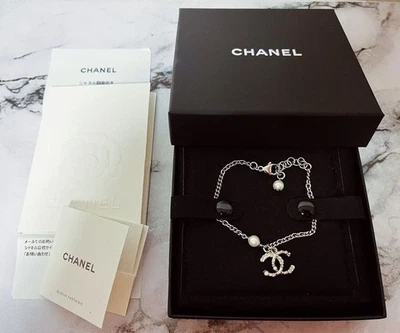 Chanel Silver Pearl Bracelet, CC Logo with Stones, Adjustable Chain, Used - Image 1 of 4