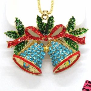 BETSEY JOHNSON Blue Crystal Enamel Christmas Bell Pendant Chain Necklace - Picture 1 of 2