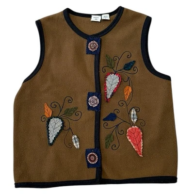 Chaleco Onque Informal Marrón Bordado Hojas de Otoño Apliques Vellón Mujer’s Pequeño Foto 1 de 4