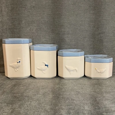 Vtg McCoy Goose Ceramic Kitchen Canister Set White with Blue Lid 4 canister USA - Image 1 of 4