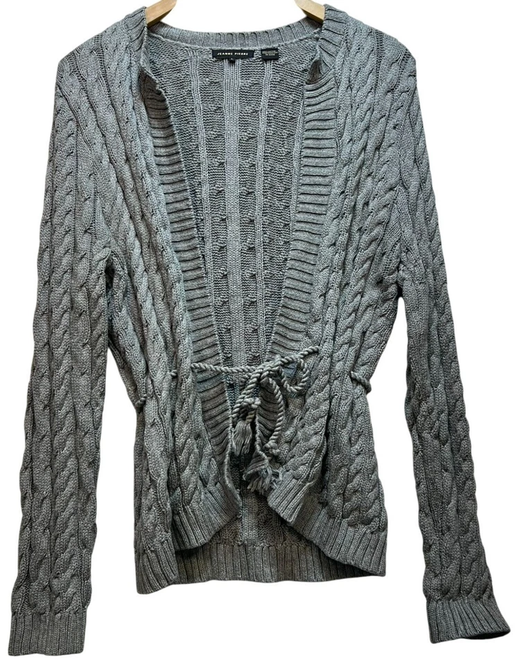 Cárdigan para mujer Jeanne Pierre tejido con cable corbata frontal manga larga talla L gris Foto 1 de 4