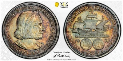 Medio dólar colombiano conmemorativo 50c tono arco iris 1893-P MS67 PCGS Foto 1 de 3