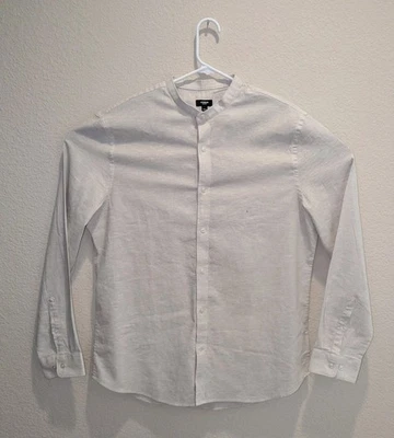 NWT Express Slim 1MX Shirt Mens Beige Linen Cotton LS Band Collar Button Up - L - Image 1 of 4