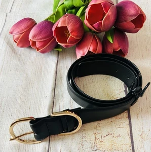 Juicy Couture Black Gold Double Logo Buckle Faux Leather Belt Size S/M - Picture 1 of 18