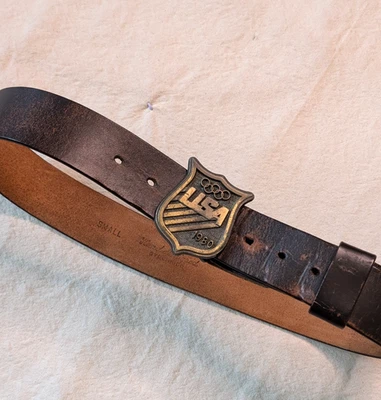 Винтажный 80-х темно коричневый Steerhide кожаный ремень с 1980 США Олимпийских игр ремень пряжка SM - Изображение 1 из 4
