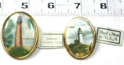 2 Vintage Porcelain Multi-Colored Mass &Texas Lighthouses Cameos Brooches - Image 1 of 4