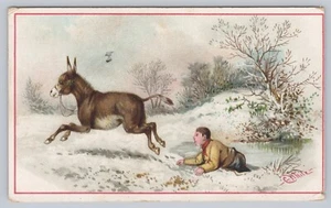 Victorian Trade Card Arbuckle's Coffee Boy Fell Off Donkey Winter Scene 1800s - Picture 1 of 2