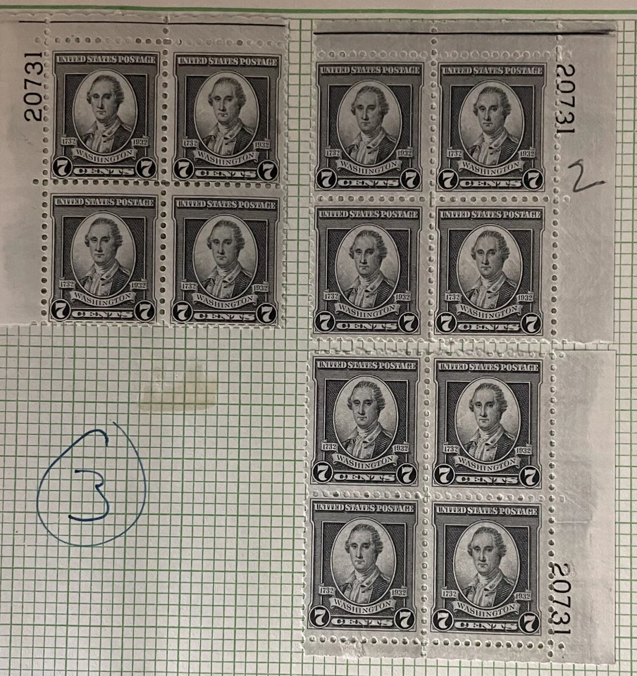 Scott #712, 7c Washington Bicent’l Plate Blocks #20731, 3-corners, F/VF H - Image 1 of 1