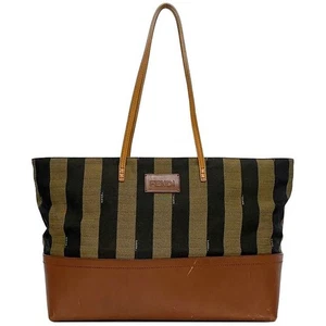 Fendi Tote Bag Khaki Brown Pecan 8Bh185 Striped Nylon Leather Used Shoulder Cap - Picture 1 of 10