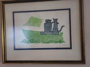 Vintage Ltd Ed 29/50 Signed Nancy Nemec 1966 3D Print Owl Cat Sailboat Nonsense  - Picture 1 of 13