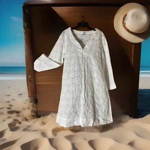Coastal Elements White Eyelet Lace Swim Cover-Up Size L Cotton w Linen Trim - Picture 1 of 12