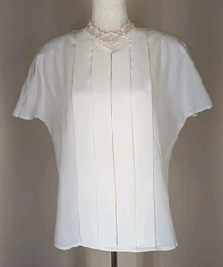 Vintage Christie & Jill Lace Blouse 14 Pleated Shirt Sleeve Cream Beige Dressy  - Picture 1 of 10