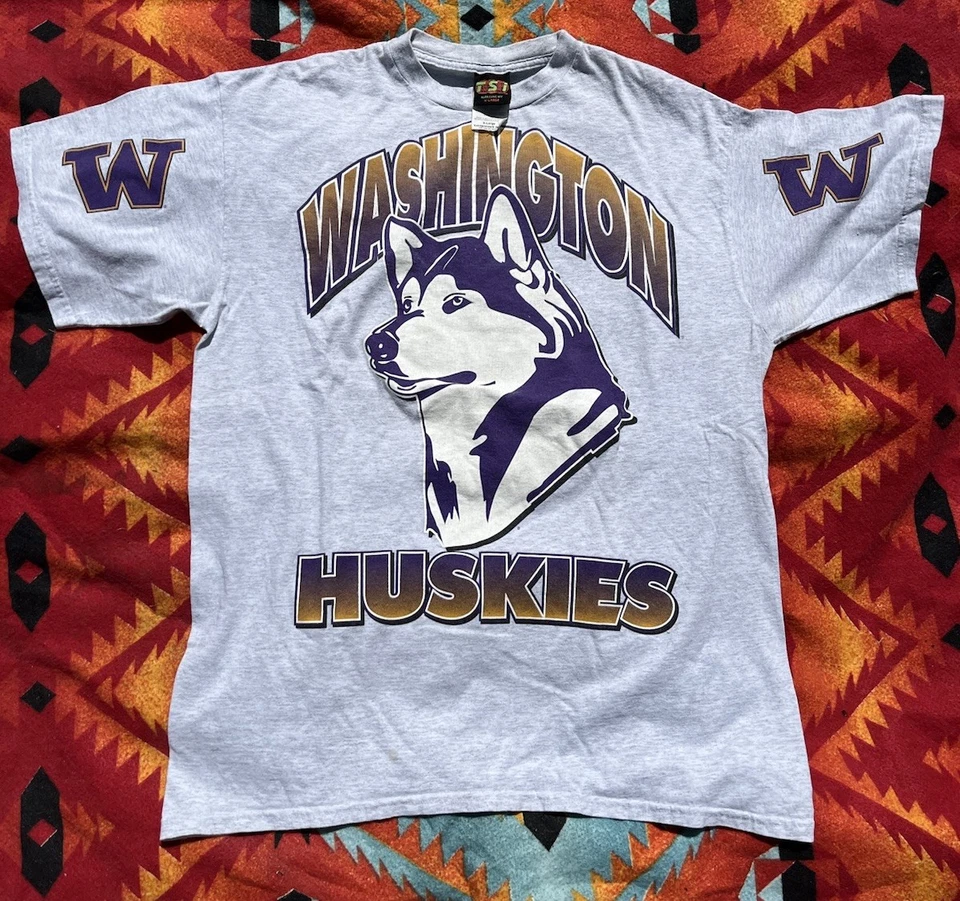 Camiseta vintage Washington Huskies grande logotipo estampa manga TSI anos 90 tamanho XL - Imagem 1 de 4