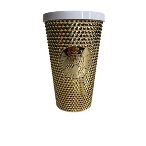 Starbucks 16oz Grande Vaso Copa Fría Oro Diamante Tachonado Vacaciones Tapa Blanca - Imagen 1 de 4