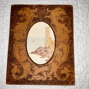 Antique 1910 watercolor PAINTING pyrography Flemish art frame dragons castle - Picture 1 of 8