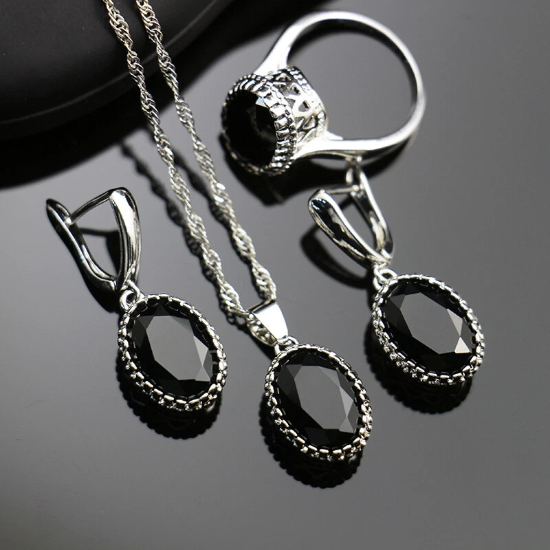Conjunto de joyas hechas a mano 3 piezas gemas de ónix negro plata mujeres collar pendientes anillos Foto 1 de 4