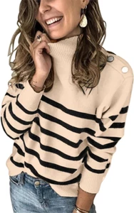 Women'S 2025 Fall Winter Long Sleeve Knit Sweater Turtleneck Striped Loose Pullo - Picture 1 of 12