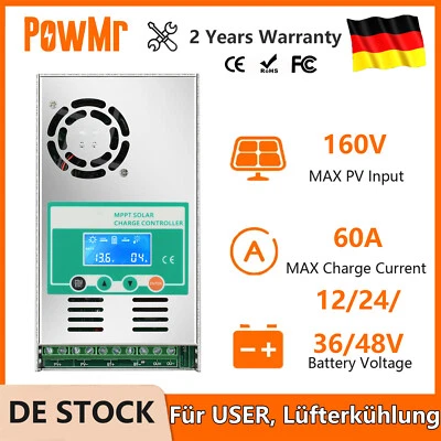 PowMr 60A Solarladeregler MPPT 160V 48V/36V/24V/12V LCD Controller Panel Regler