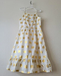EUC PRETTY Girls Kids Summer Dress White Ivory w/ Gold Elephants Cotton Size 6 - Picture 1 of 7