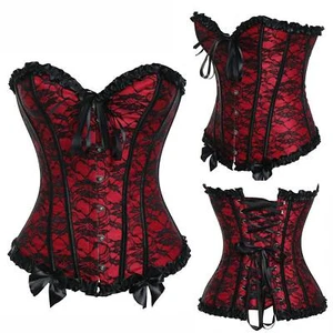 Women Lace Up Boned Bustier Corset Overbust Burlesque Waist Cincher Top Lingerie - Picture 1 of 37