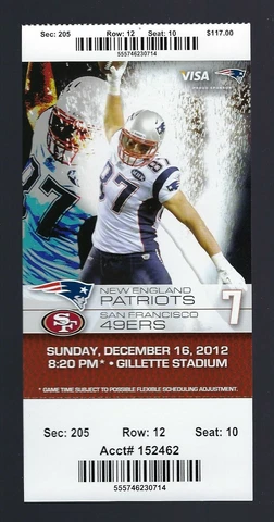 AARON HERNANDEZ FINAL TOUCHDOWN -2012 NFL NEW ENGLAND PATRIOTS FULL TICKET 12/16 Cover