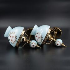 Pair 1970s Vintage French Blue Opaline Glass Wall Sconces Two Set Light Gilded