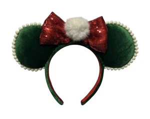 Disney Parks Christmas Pom Pom BowGreen Velvet Minnie Ears Headband Candy Cane - Picture 1 of 2