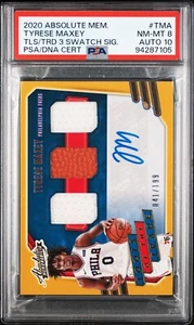 2020 Absolute Memorabilia 3 Swatch Signatures TT3-TMA Tyrese Maxey PSA 8/Auto 10 - Foto 1 di 2