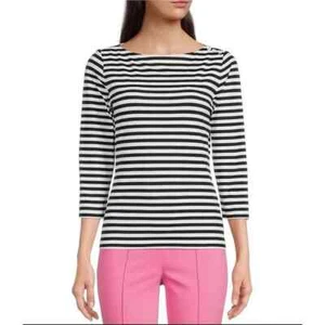 J McLaughlin Top Womens Size M Black White Stripe Catalina Cloth Shoulder Button - Picture 1 of 8