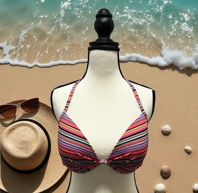 Top de Bikini Victoria's Secret The Fabulous Push Up 34DD Rosa Negro Rayas Halter Foto 1 de 4